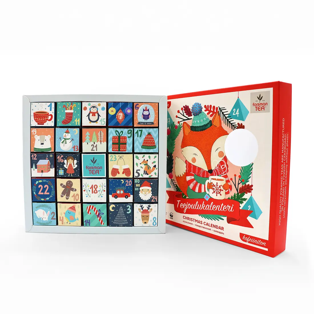 Plastic-free Forsman Tea Advent Calendar with matte finish, reusable inner tea boxes and mono-material carton design.